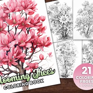 21 Blooming Trees Coloring Book, Adults kids Instant Download -Grayscale Coloring Book -Printable PDF, Botany Love, Flower Coloring