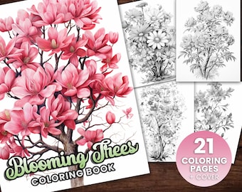 May include: A coloring book featuring 21 pages of blooming trees, including a magnolia tree with pink flowers and a cover page with the title "Blooming Trees Coloring Book".