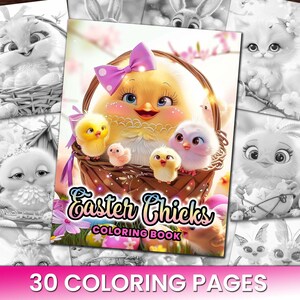 Livro de páginas para colorir com 30 pintinhos da Páscoa, adultos e crianças - download instantâneo página para colorir em tons de cinza, PDF para impressão, colorir de Páscoa, pacote de ovos
