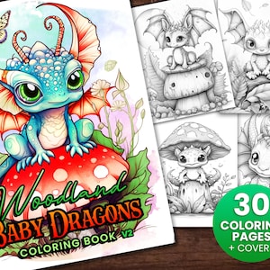 30 Baby Woodland Dragon Fantasy Coloring Page Book, Adults + kids Instant Download Grayscale Coloring Page, Printable PDF, Dragons  V2