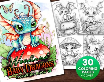 30 Baby Woodland Dragon Fantasy Coloring Page Book, Adults + kids Instant Download Grayscale Coloring Page, Printable PDF, Dragons  V2