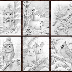 May include: Six black and white illustrations of winter scenes. The first image shows a mouse wearing a hat and scarf sitting on a branch. The second image shows a snowman standing in the snow. The third image shows a bluebird perched on a branch with berries. The fourth image shows an owl wearing a hat and scarf sitting on a branch. The fifth image shows two rabbits sitting in the snow. The sixth image shows a cardinal perched on a branch.