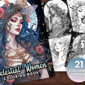 21 Pretty Celestial Women, Spiritual, Flowers Coloring Page Book, Adults + kids Instant Download- Grayscale Coloring - Gift Printable PDF