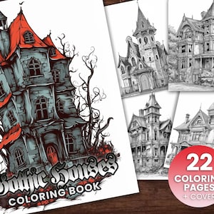 22 Gothic Houses Coloring Book, Adults Instant Download -Grayscale Coloring Page - Printable PDF, gothic architecture, house coloring book