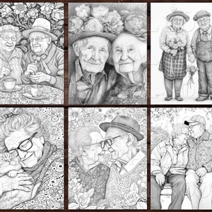 30 Elders in Love Coloring Pages Book, Adults kids Instant Download Grayscale Coloring Page, Printable PDF, Elders in love, adorable image 9
