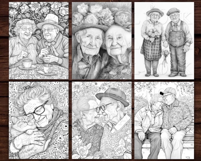 30 Elders in Love Coloring Pages Book, Adults kids Instant Download Grayscale Coloring Page, Printable PDF, Elders in love, adorable image 9