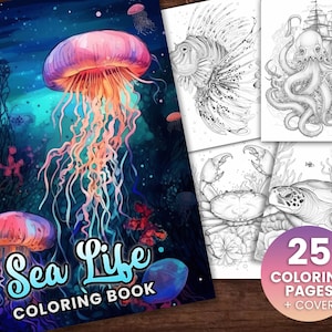 Sea Life Coloring Book, Adults Instant Download -Grayscale Coloring Page - Printable PDF, underwater, jelly fish, octopus, fish, sea life