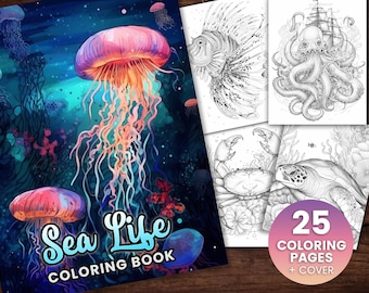 Sea Life Coloring Book, Adults Instant Download -Grayscale Coloring Page - Printable PDF, underwater, jelly fish, octopus, fish, sea life