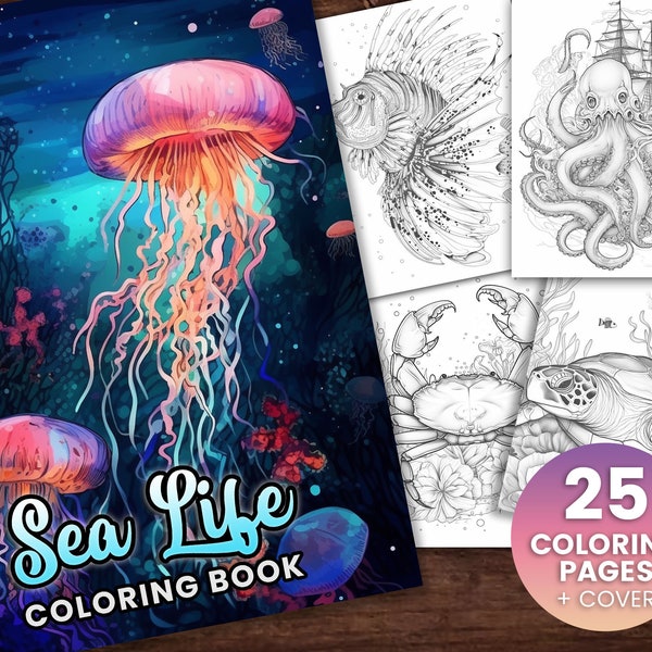 Sea Life Coloring Book, Adults Instant Download -Grayscale Coloring Page - Printable PDF, underwater, jelly fish, octopus, fish, sea life