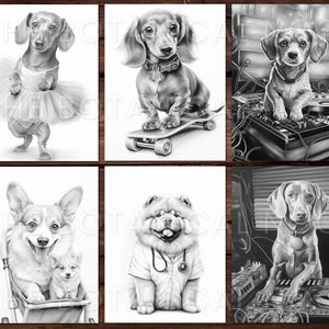 Pu&ograve; includere: Set di sei stampe artistiche di cani in bianco e nero. Le stampe raffigurano varie razze di cani in pose umoristiche, tra cui un bassotto con un tut&ugrave;, un cane su uno skateboard e un cane come DJ. Le stampe sono su sfondo bianco.