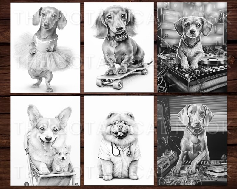Pu&ograve; includere: Set di sei stampe artistiche di cani in bianco e nero. Le stampe raffigurano varie razze di cani in pose umoristiche, tra cui un bassotto con un tut&ugrave;, un cane su uno skateboard e un cane come DJ. Le stampe sono su sfondo bianco.
