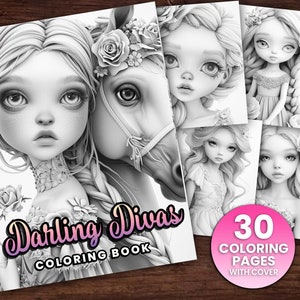 30 hübsche Mädchen, Darling Divas, Haare, Blumen Malseite Buch, Erwachsene + Kinder, Sofort Download - Graustufen Färbung - Geschenk, printable PDF