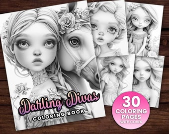 30 hübsche Mädchen, Darling Divas, Haare, Blumen Malseite Buch, Erwachsene + Kinder, Sofort Download - Graustufen Färbung - Geschenk, printable PDF