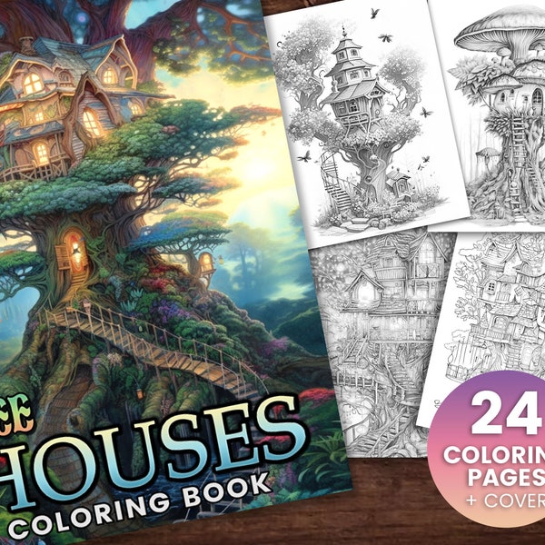 24 Tree Houses Coloring Book, Adultes enfants Téléchargement instantané - Livre de coloriage en niveaux de gris - PDF imprimable, cabanes dans les arbres, cabanes en bois, maison de fée