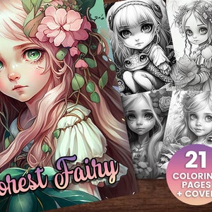 Delicate Forest Fairy Girls Fantasy  Coloring Book pt 2 , Adults + kids- Instant Download - Grayscale Coloring Page - Gift, Printable PDF