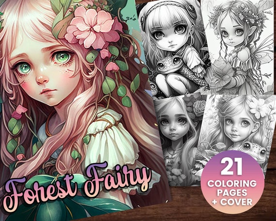 Delicate Forest Fairy Girls Fantasy  Coloring Book pt 2 , Adults + kids- Instant Download - Grayscale Coloring Page - Gift, Printable PDF