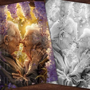 30 Elders in Love Coloring Pages Book, Adults kids Instant Download Grayscale Coloring Page, Printable PDF, Elders in love, adorable image 8