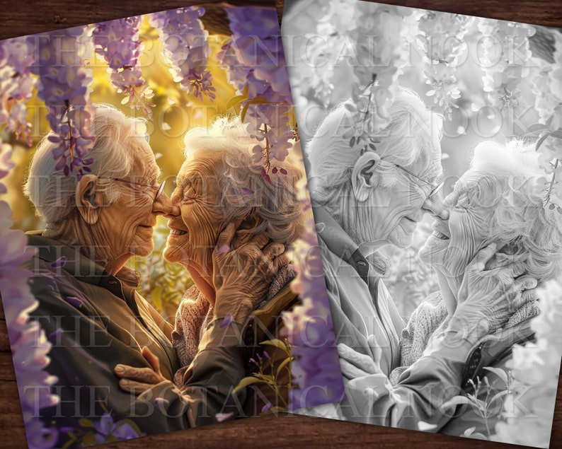 30 Elders in Love Coloring Pages Book, Adults kids Instant Download Grayscale Coloring Page, Printable PDF, Elders in love, adorable image 8