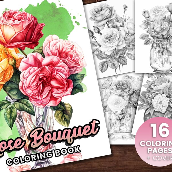 16 Rose Bouquet Collection Coloring Page, Adults + kids- Instant Download - Grayscale Coloring Page - Gift, Printable PDF, flower coloring