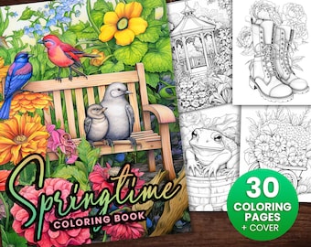 30 Spring Time Garden Coloring Book, Instant Download -Grayscale Coloring Book - Printable PDF, gnomes, garden, flowers coloring