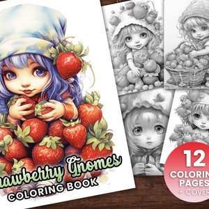 Strawberry Gnomes Delicate Forest Elf Girls Fantasy Coloring Book, Adults + kids- Instant Download Grayscale Coloring Page - Printable PDF