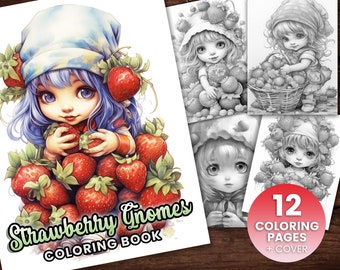 Strawberry Gnomes Delicate Forest Elf Girls Fantasy Coloring Book, Adults + kids- Instant Download Grayscale Coloring Page - Printable PDF