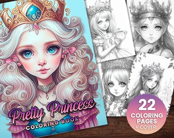 22 Pretty Princess Royal Girls Fantasy Anime Coloring Page, Adults + kids- Instant Download Fairy Elf Coloring - Gift, Printable Art PDF