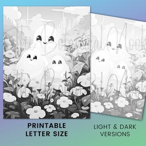 Puede incluir: P&aacute;gina para colorear imprimible en blanco y negro con un grupo de cuatro fantasmas amigables en un campo de flores. Los fantasmas tienen caras sonrientes y est&aacute;n rodeados de flores. El texto "Printable Letter Size" est&aacute; en la parte inferior de la p&aacute;gina.