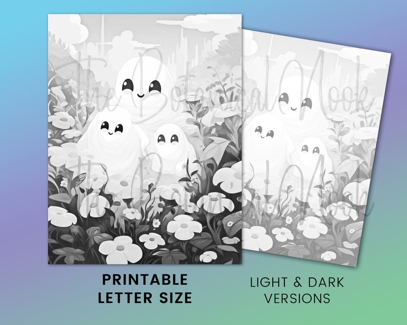 Puede incluir: P&aacute;gina para colorear imprimible en blanco y negro con un grupo de cuatro fantasmas amigables en un campo de flores. Los fantasmas tienen caras sonrientes y est&aacute;n rodeados de flores. El texto "Printable Letter Size" est&aacute; en la parte inferior de la p&aacute;gina.