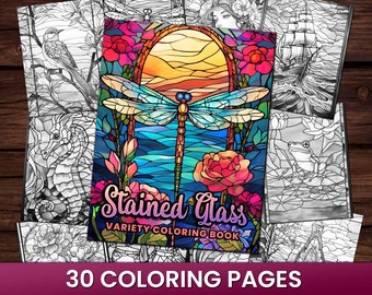 30 Stained Glass Variety Pack Coloring Pages Book, Adults + kids- Instant Download Grayscale Coloring Page, Printable PDF