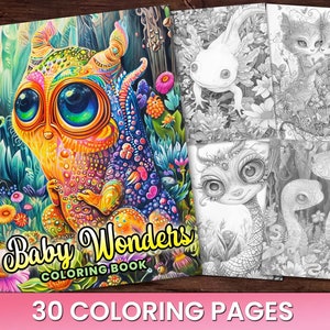 30 Animal Baby Wonders Variety Pack Coloring Pages Book, Adults + kids- Instant Download Grayscale Coloring Page, Printable PDF, Animals