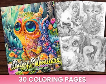30 Animal Baby Wonders Variety Pack Coloring Pages Book, Adults + kids- Instant Download Grayscale Coloring Page, Printable PDF, Animals