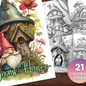 21 Gnome Fairy House Coloring Book, Adults kids Instant Download -Grayscale Coloring Book - Printable PDF, gnomes, fairies, fantasy coloring