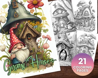 21 Gnome Fairy House Coloring Book, Adults kids Instant Download -Grayscale Coloring Book - Printable PDF, gnomes, fairies, fantasy coloring