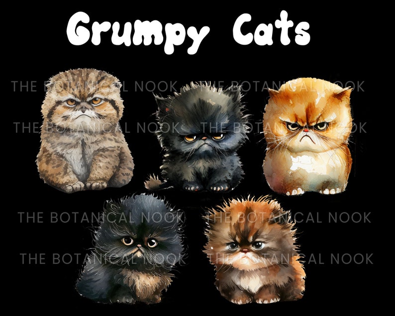 May include: Five cartoon cats with grumpy expressions. The cats are drawn in a watercolor style and have different fur colors and patterns. The background is black.