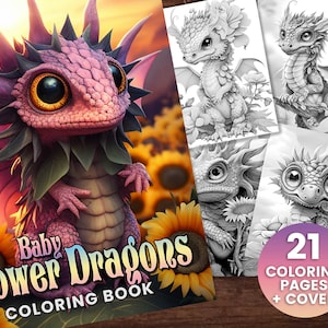 Baby Flower Dragon Fantasy Coloring Page Book, Adults + kids- Instant Download - Grayscale Coloring Page, Printable PDF, Dragons coloring,