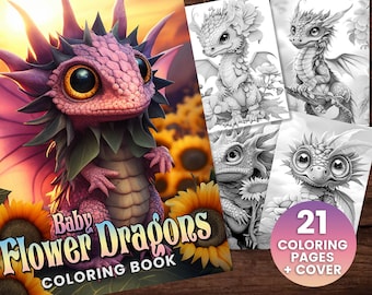 Baby Flower Dragon Fantasy Coloring Page Book, Adults + kids- Instant Download - Grayscale Coloring Page, Printable PDF, Dragons coloring,