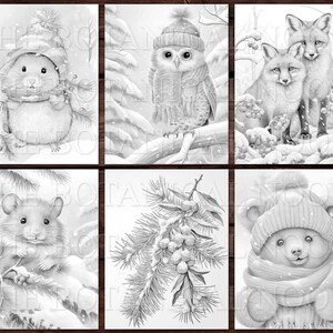 May include: Six black and white illustrations of winter animals. The first image shows a hamster wearing a hat and scarf. The second image shows an owl wearing a hat. The third image shows two foxes. The fourth image shows a hamster wearing a hat and scarf. The fifth image shows a pine branch with berries. The sixth image shows a bear wearing a hat and scarf.