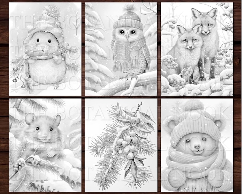 May include: Six black and white illustrations of winter animals. The first image shows a hamster wearing a hat and scarf. The second image shows an owl wearing a hat. The third image shows two foxes. The fourth image shows a hamster wearing a hat and scarf. The fifth image shows a pine branch with berries. The sixth image shows a bear wearing a hat and scarf.