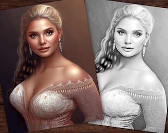 Elegance Beautiful Woman in Dress #7 Flowers Coloring Page, Adults + kids Instant Download - Grayscale Coloring - Gift, Printable PDF