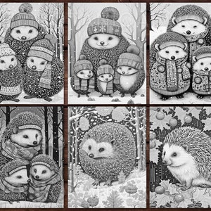 30 Cute Porcupines Animal Coloring Page Book, Adults + kids Instant Download Grayscale Coloring Page, Printable PDF, Feast, Family, Cute image 6