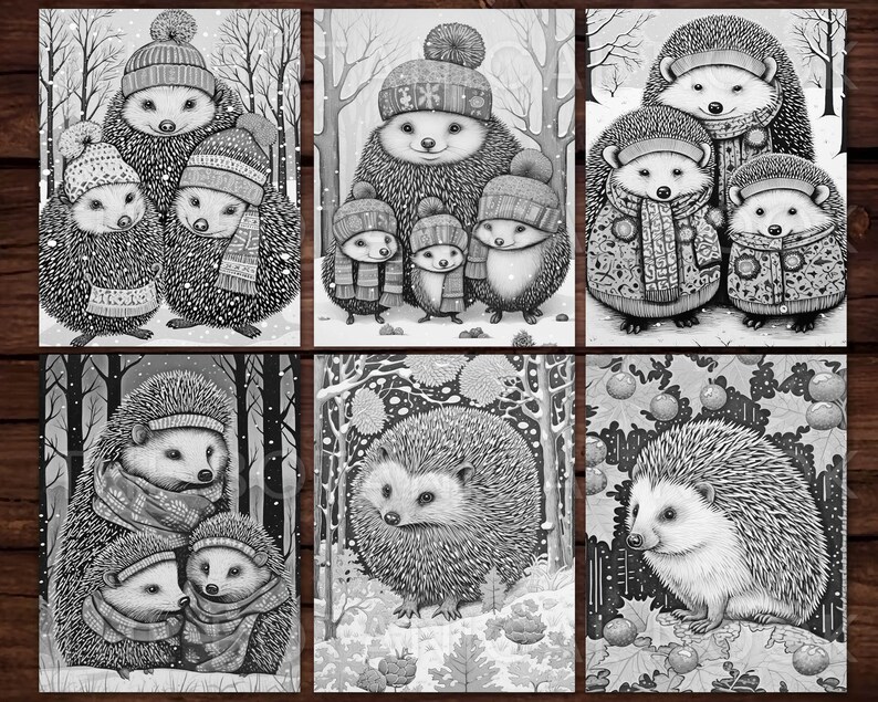 30 Cute Porcupines Animal Coloring Page Book, Adults + kids Instant Download Grayscale Coloring Page, Printable PDF, Feast, Family, Cute image 6