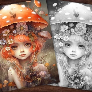 May include: A whimsical illustration of a girl with orange hair wearing a large mushroom cap adorned with flowers. She has large, expressive eyes and a delicate, feminine face. The background is a forest scene with mushrooms and other flora.