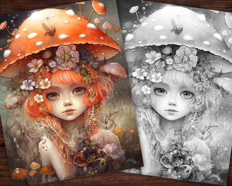 May include: A whimsical illustration of a girl with orange hair wearing a large mushroom cap adorned with flowers. She has large, expressive eyes and a delicate, feminine face. The background is a forest scene with mushrooms and other flora.