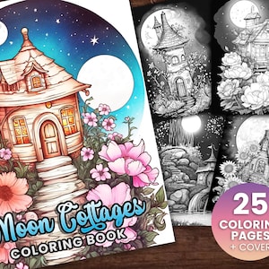 25 Moon Cottages Fairy Homes Coloring Book, Adults kids Instant Download -Grayscale Coloring Book -Printable PDF, Flower Houses, Fairy House