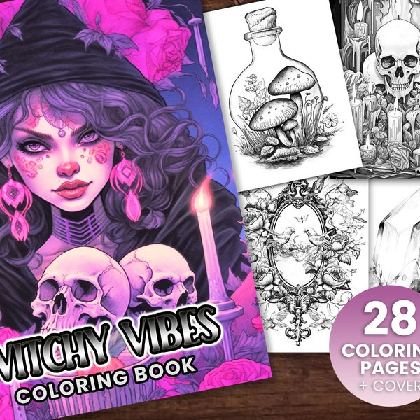 28 Witchy Vibes Malbuch, Erwachsene + Kinder- Download - Graustufen Malseite - Geschenk, Printable PDF, Hexen, Skulls, Candles, spiritual