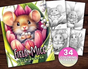 May include: A coloring book featuring a cute cartoon mouse in a pink flower. The cover of the book says "Field Mice Coloring Book" and has 34 coloring pages with a cover.