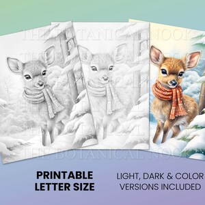 May include: Printable coloring page featuring a fawn wearing a red scarf in a snowy forest setting. The image includes three versions: light, dark, and color.