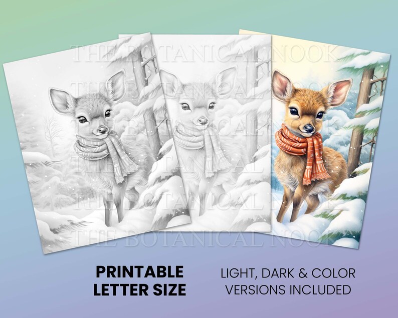 May include: Printable coloring page featuring a fawn wearing a red scarf in a snowy forest setting. The image includes three versions: light, dark, and color.
