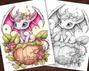Baby Spring Dragon #2 Fantasy Coloring Page, Adults + kids- Instant Download Grayscale Coloring Page, Printable PDF, Dragons coloring